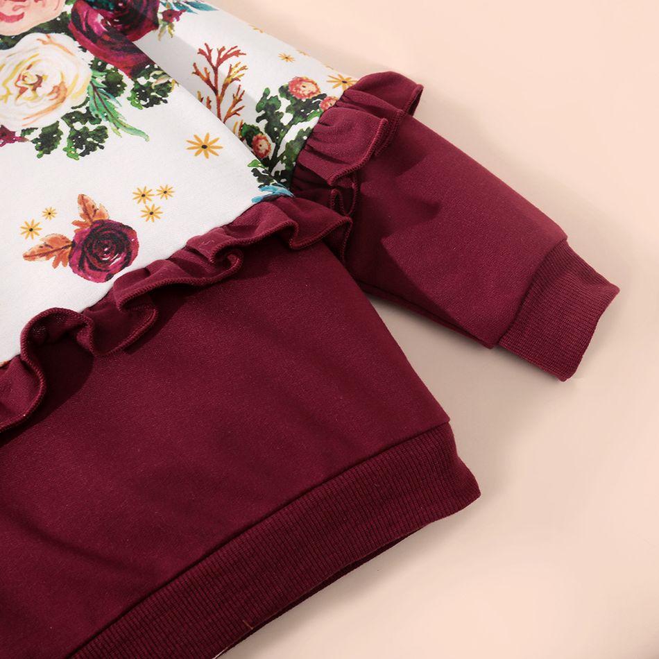 2-piece Toddler Girl Floral Print Ruffled Sweatshirt and Pants Casual Set Burgundy big image 4