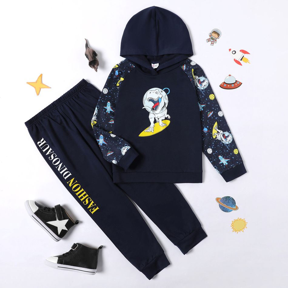 2-piece Kid Boy Space Rocket Dinosaur Print Hoodie Sweatshirt and Letter Print Pants Set Tibetanblue