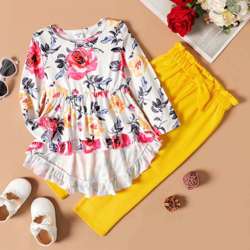 2-piece Toddler Girl Floral Print Long-sleeve Ruffled High Low Top and Yellow Paperbag Pants Set Multi-color