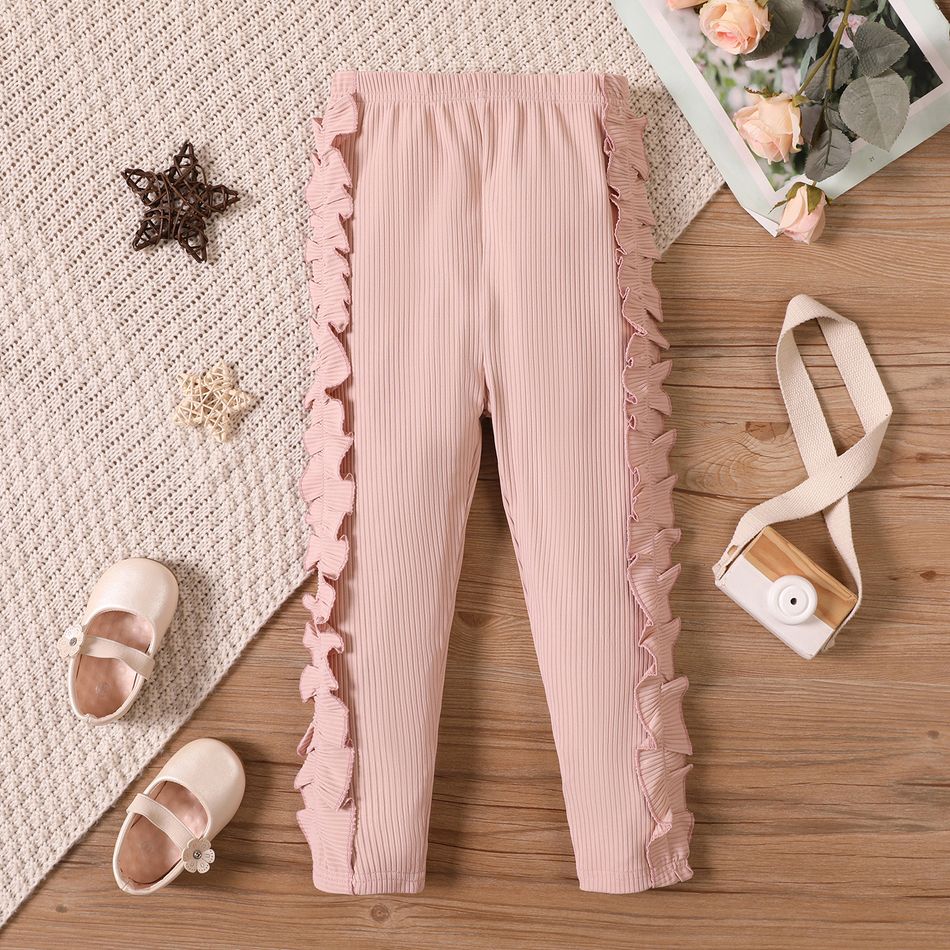 Toddler Girl Ruffled Solid Color Ribbed Elasticized Pants Light Pink