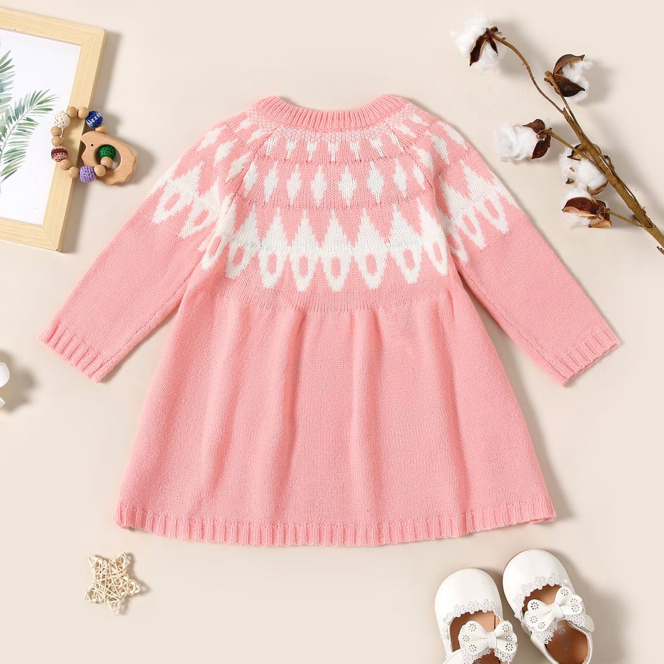 Baby Girl Button Down Long-sleeve Color Block Knitted Dress Pink big image 3
