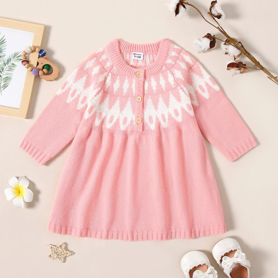 Baby Girl Button Down Long-sleeve Color Block Knitted Dress Pink big image 1