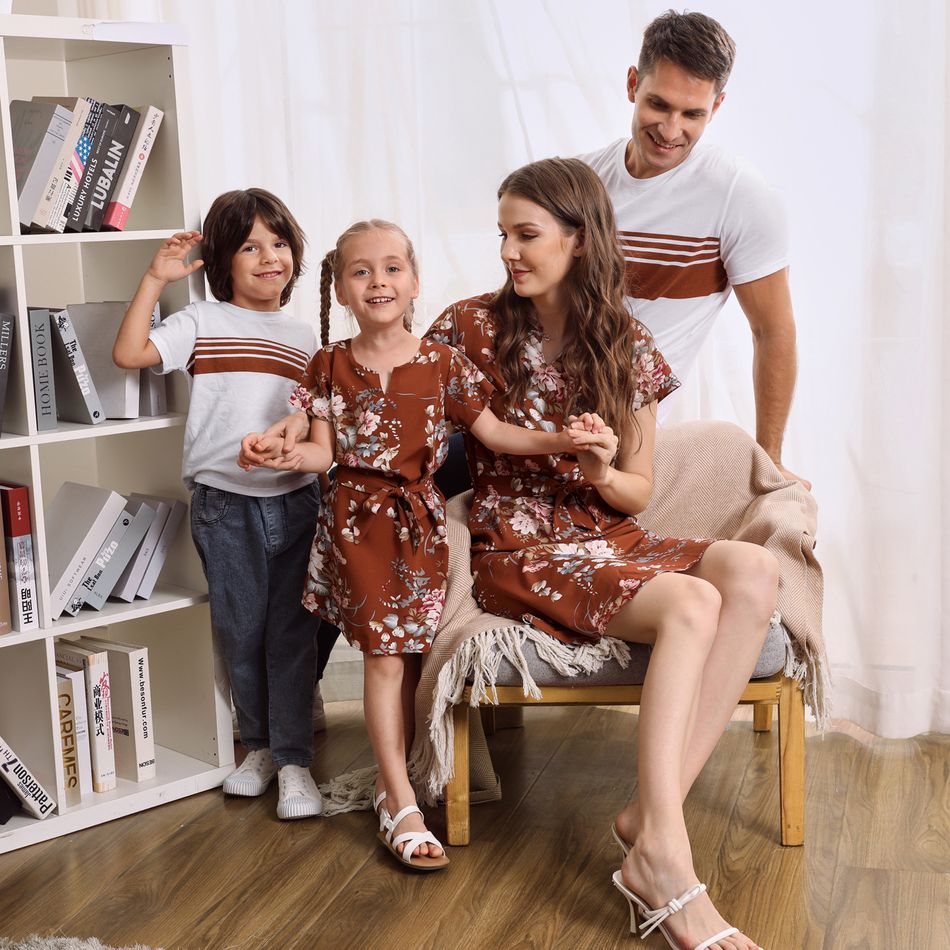 Floral Print Short-sleeve Family Matching Sets( Split Neck Belted Dresses and Striped T-shirts) Brick red