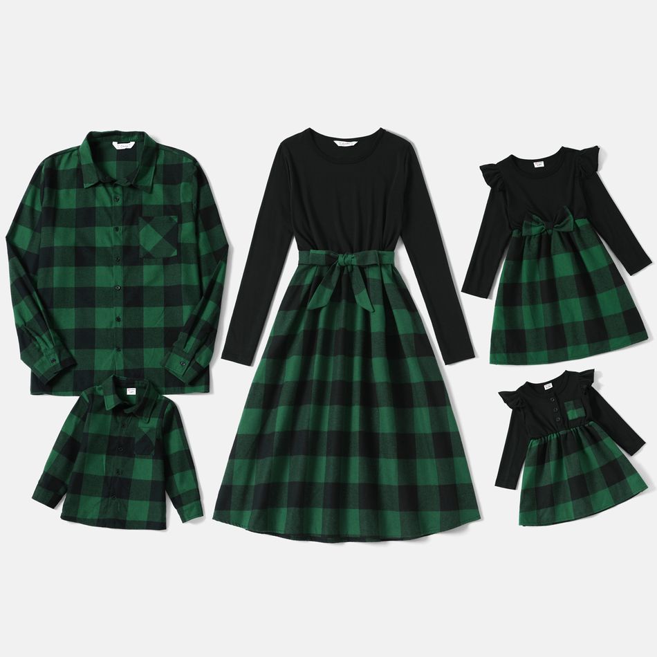 Family Matching Plaid Long-sleeve Splicing Belted Midi Dresses and Shirts Sets Green big image 1