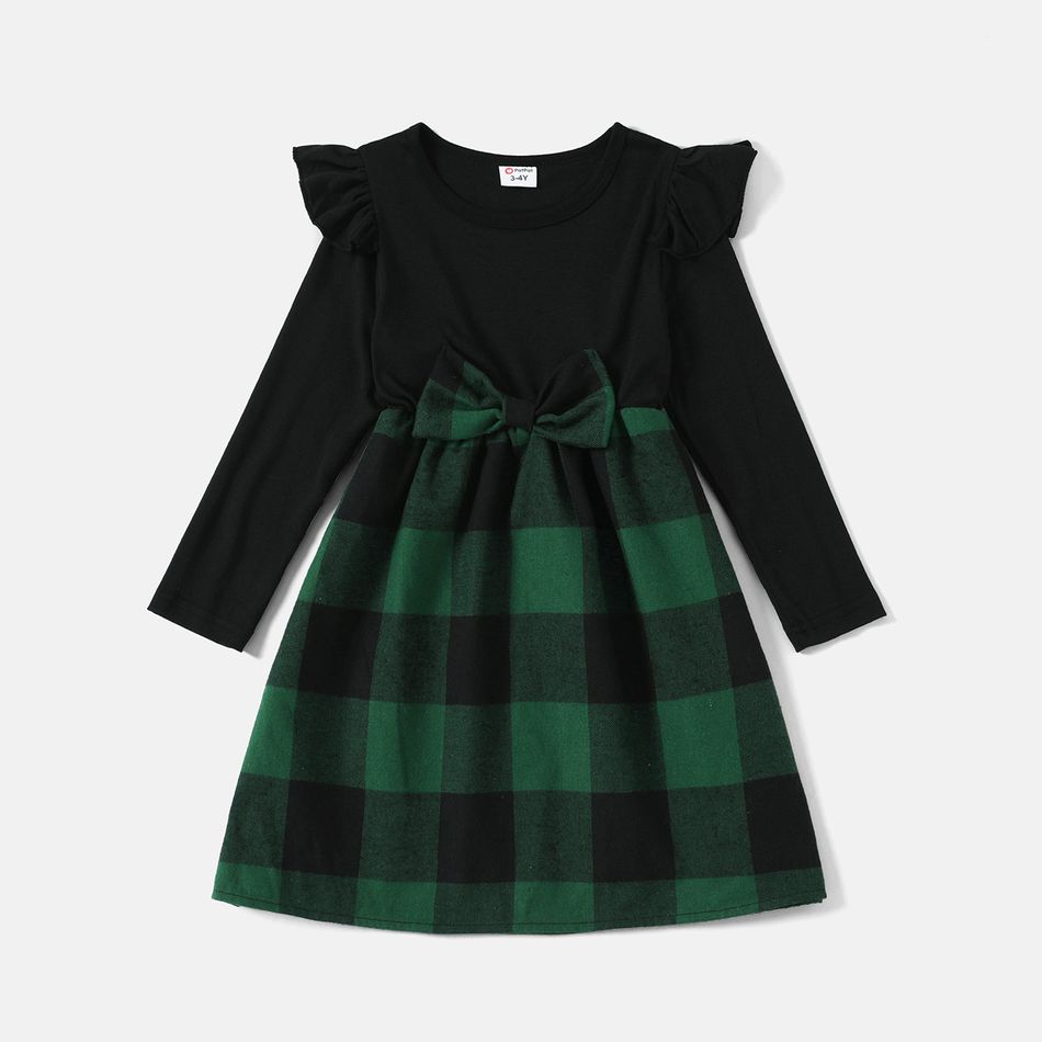 Family Matching Plaid Long-sleeve Splicing Belted Midi Dresses and Shirts Sets Green big image 5