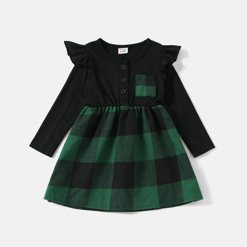 Family Matching Plaid Long-sleeve Splicing Belted Midi Dresses and Shirts Sets Green big image 7
