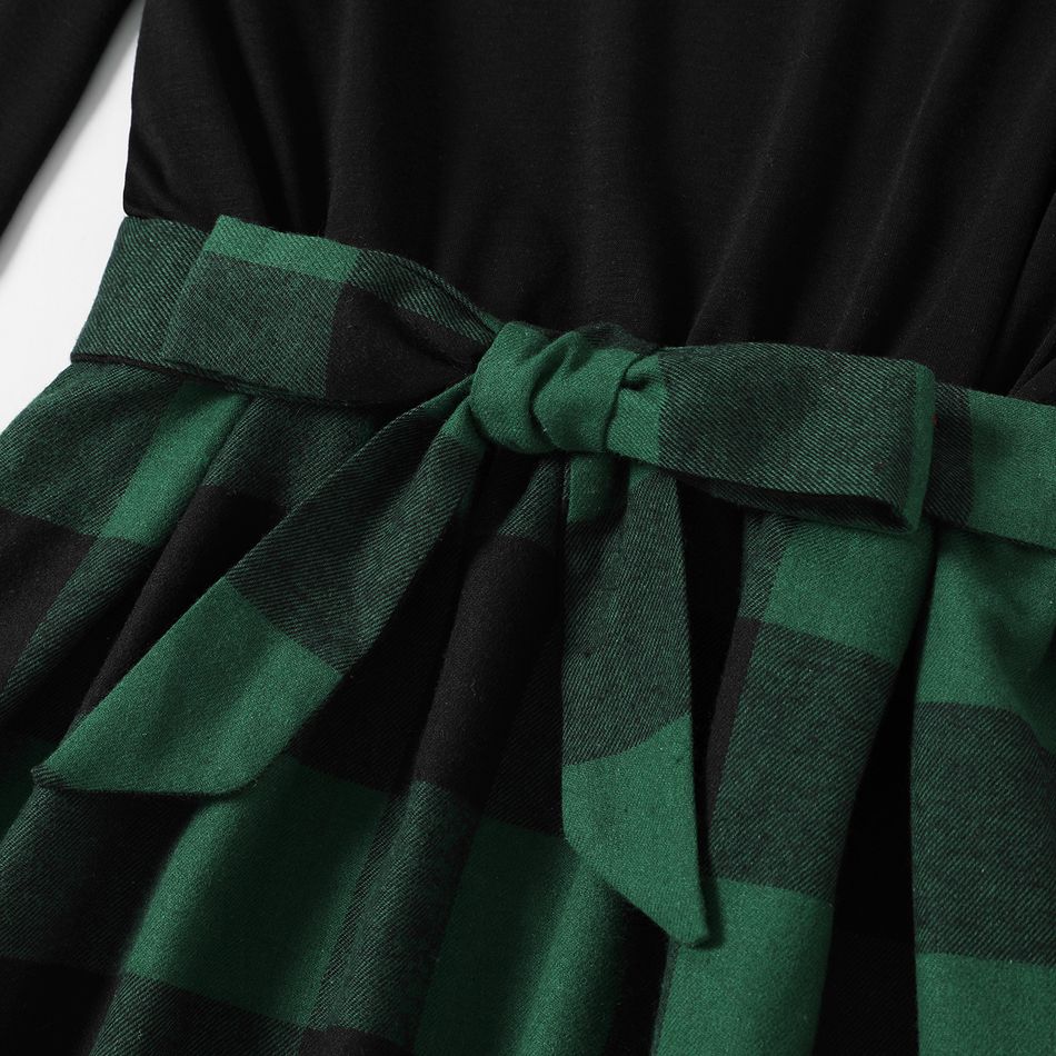 Family Matching Plaid Long-sleeve Splicing Belted Midi Dresses and Shirts Sets Green big image 3