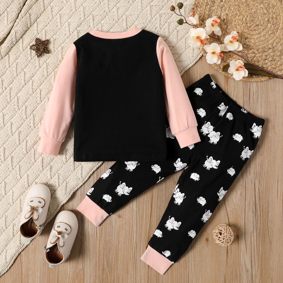2-piece Toddler Girl Elephant Print Colorblock Sweatshirt and Pants Set Black big image 2
