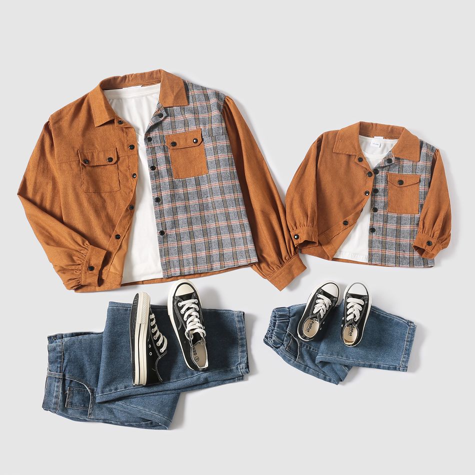 Plaid Splicing Brown Long-sleeve Lapel Snap-up Shirt Jacket for Mom and Me Brown