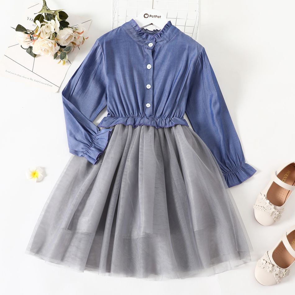 Kid Girl Ruffle Collar Button Design Mesh Splice Long-sleeve Dress Bluish Grey