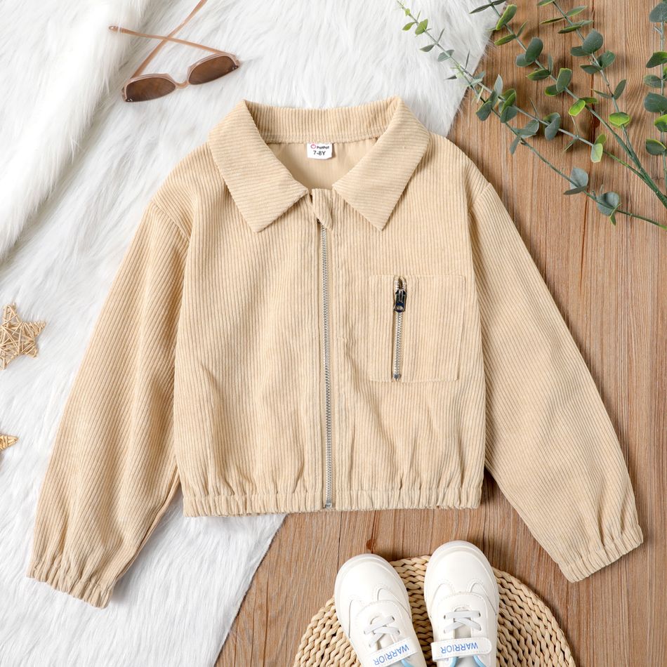 Kid Girl Lapel Collar Zipper Ribbed Jacket Apricot Yellow