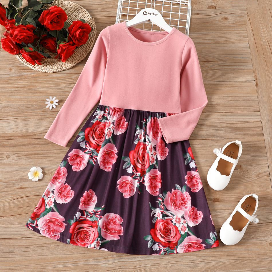 Kid Girl Fuzzy Floral Print Splice Long-sleeve Dress Pink