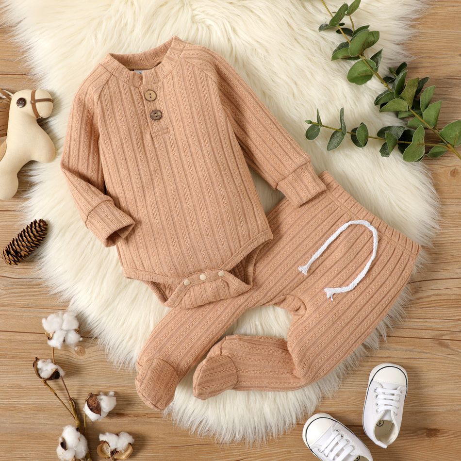2-piece Baby Girl/Boy Solid Color Cable Knit Textured Button Design Long-sleeve Romper and Footie Pants Set Khaki big image 1