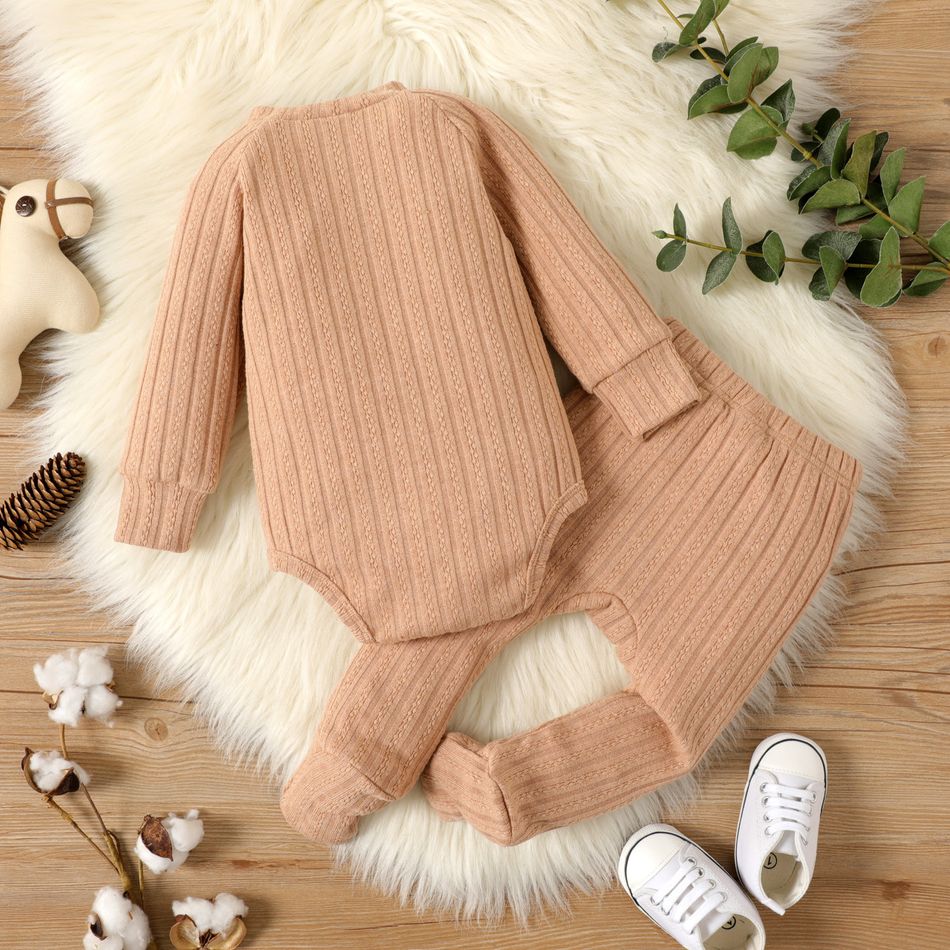 2-piece Baby Girl/Boy Solid Color Cable Knit Textured Button Design Long-sleeve Romper and Footie Pants Set Khaki big image 2