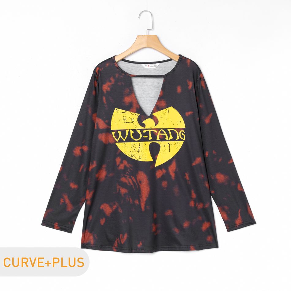 Women Plus Size Casual V Neck Hollow out Letter Print Tie Dye Long-sleeve Tee Multi-color