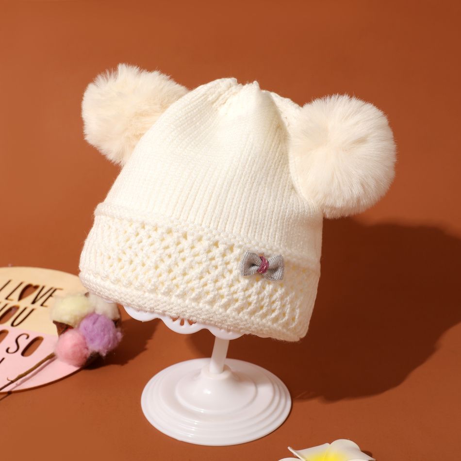 Baby / Toddler Bow Decor Double Pompon Warm Knit Beanie Hat White big image 2