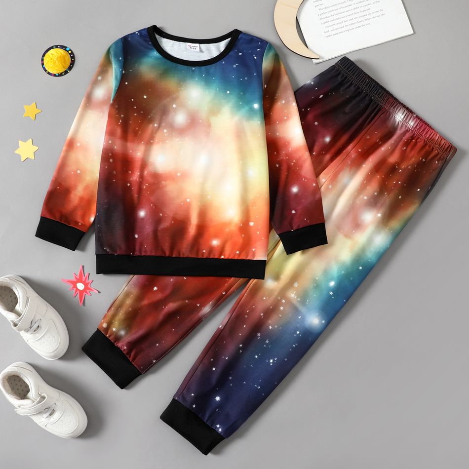 2-piece Kid Boy Space Galaxy Print Pullover Sweatshirt and Pants Set Colorful