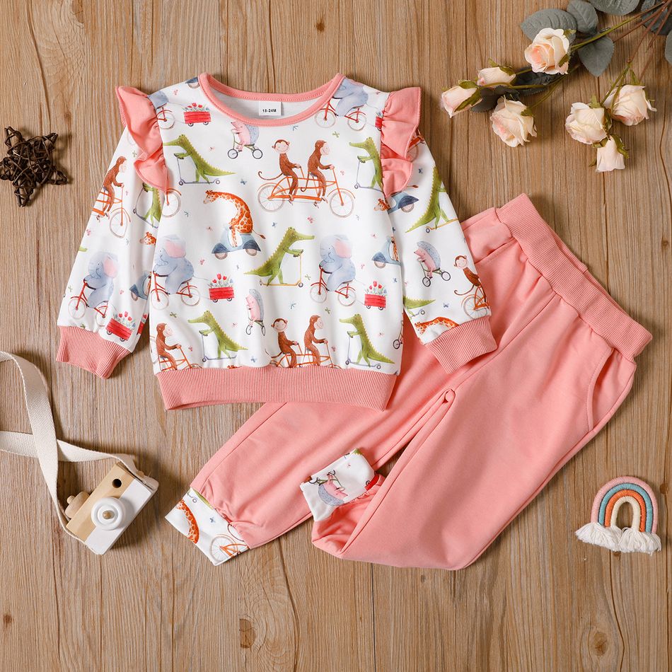 2-piece Toddler Girl Animal Print Ruffled Colorblock Long-sleeve Top and Pants Casual Set Pink