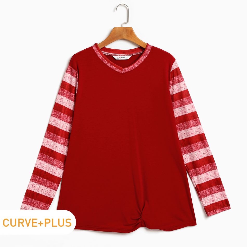 Women Plus Size Casual V Neck Twist Front Striped Long-sleeve Tee Red
