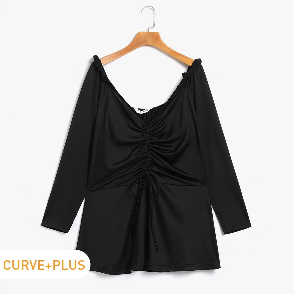 Women Plus Size Elegant Sweetheart Collar Ruched Drawstring Long-sleeve Tee Black