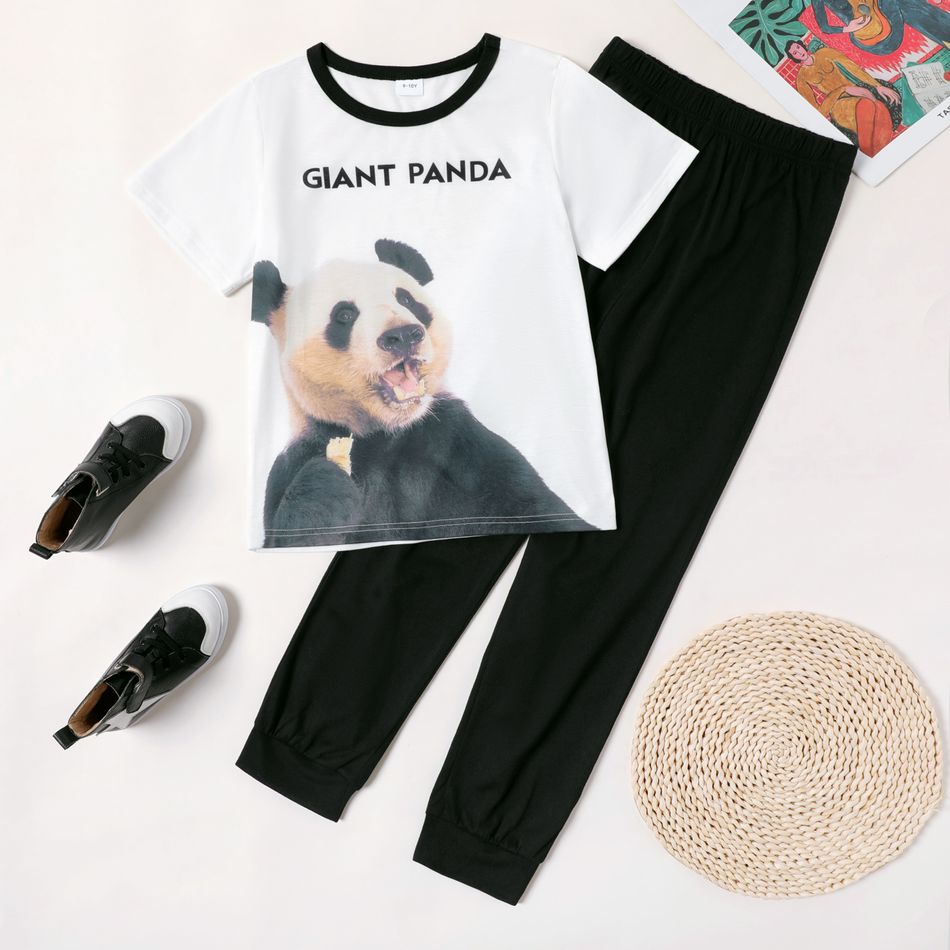 2-piece Kid Girl Letter Panda Print Tee and Elasticized Black Pants Set White