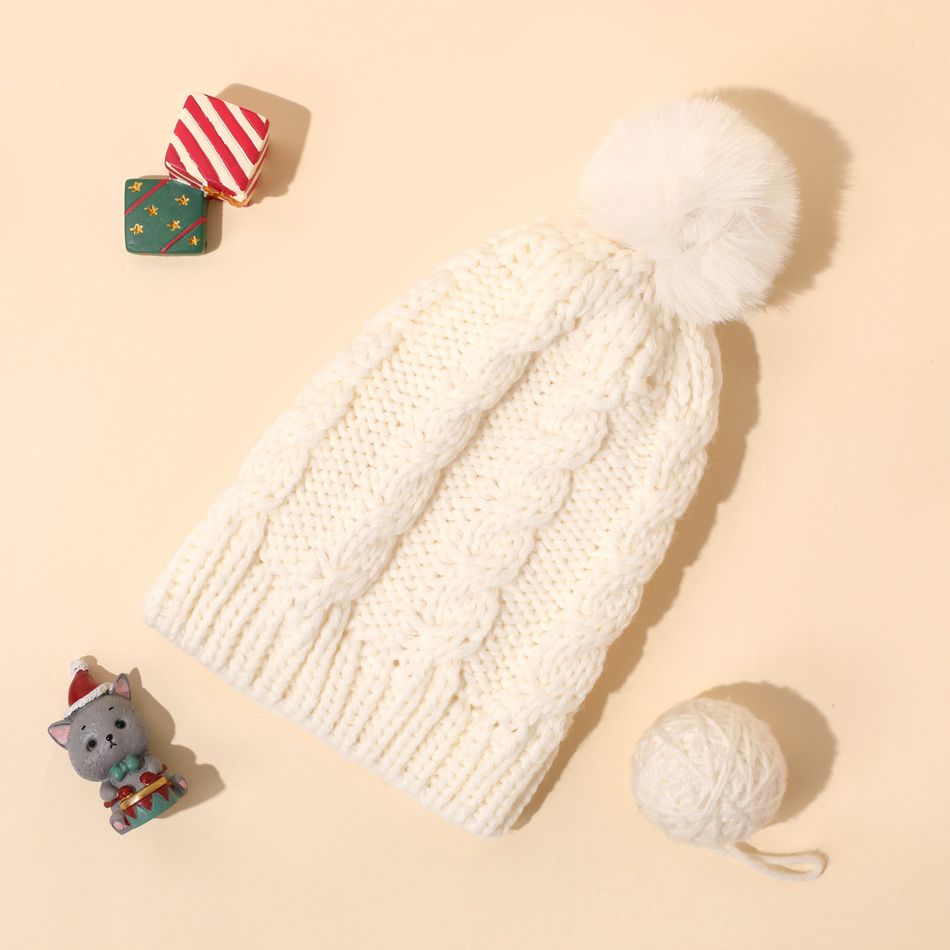 Baby / Toddler Pompon Decor Solid Color Cable Knit Beanie Hat White