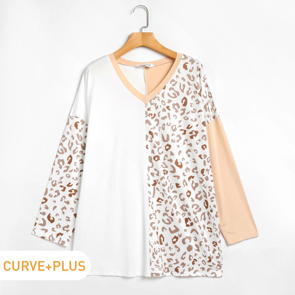 Women Plus Size Casual V Neck Leopard Print Colorblock Long-sleeve Tee White