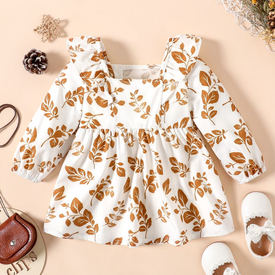 Baby Girl All Over Leaves/Floral Print Square Neck Ruffle Long-sleeve Dress White