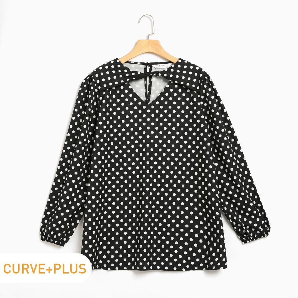 Women Plus Size Elegant Polka dots Hollow out Long-sleeve Blouse Black