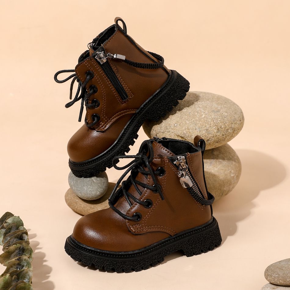 Toddler / Kid Personality Side Zipper Chain Lace-up Boots Brown big image 3