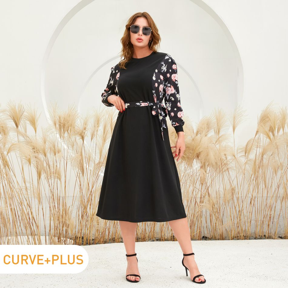 Women Plus Size  Casual Floral Print Round-collar Belted Long-sleeve Dress Black