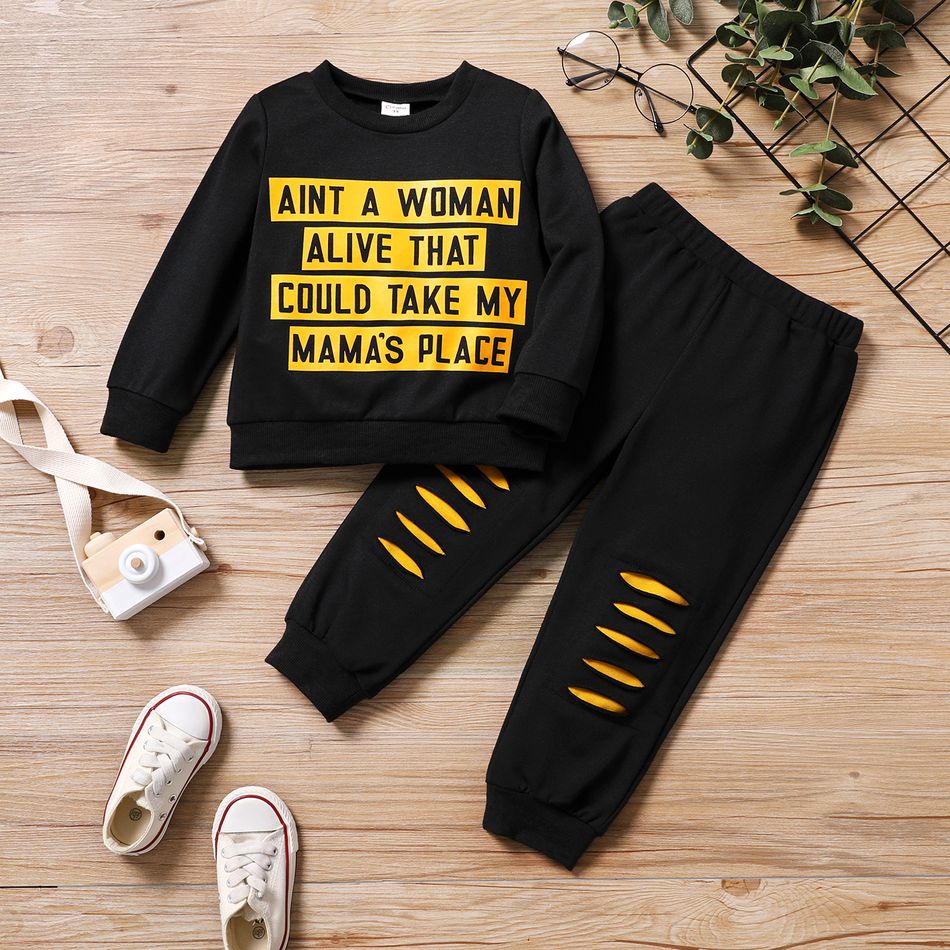 2-piece Toddler Boy Letter Print Pullover Sweatshirt and Elasticized Pants Casual Set Black