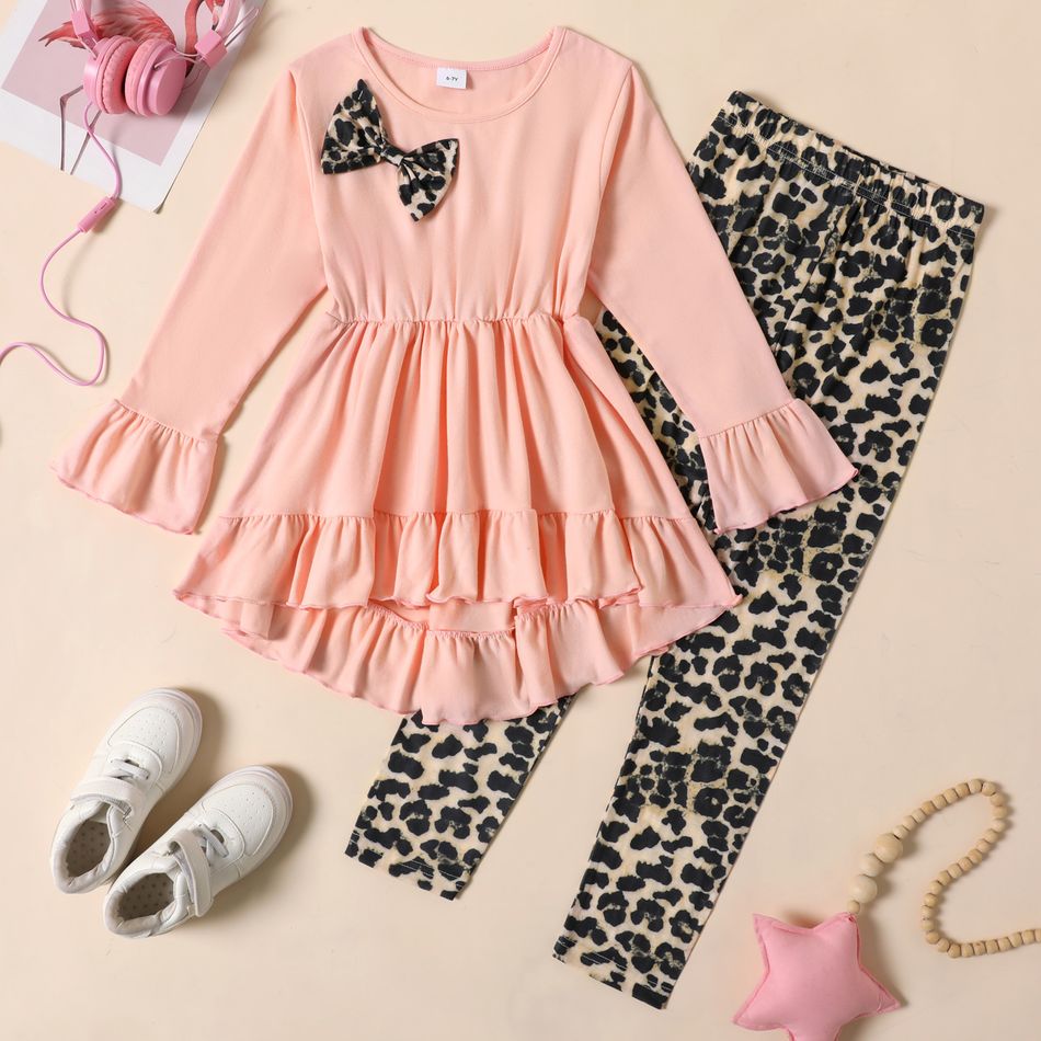 2-piece Kid Girl Bowknot Design Ruffled High Low Long-sleeve Top and Leopard Print Pants Set Pink