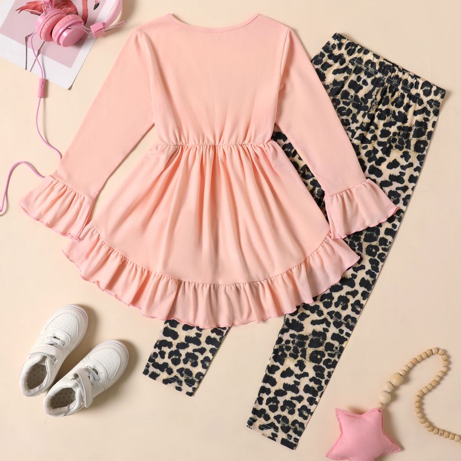 2-piece Kid Girl Bowknot Design Ruffled High Low Long-sleeve Top and Leopard Print Pants Set Pink big image 2