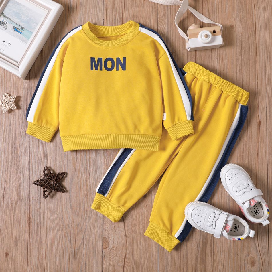 100% Cotton 2pcs Letter Print Color Block Long-sleeve Pullover and Pants Yellow or Blue Toddler Set Yellow