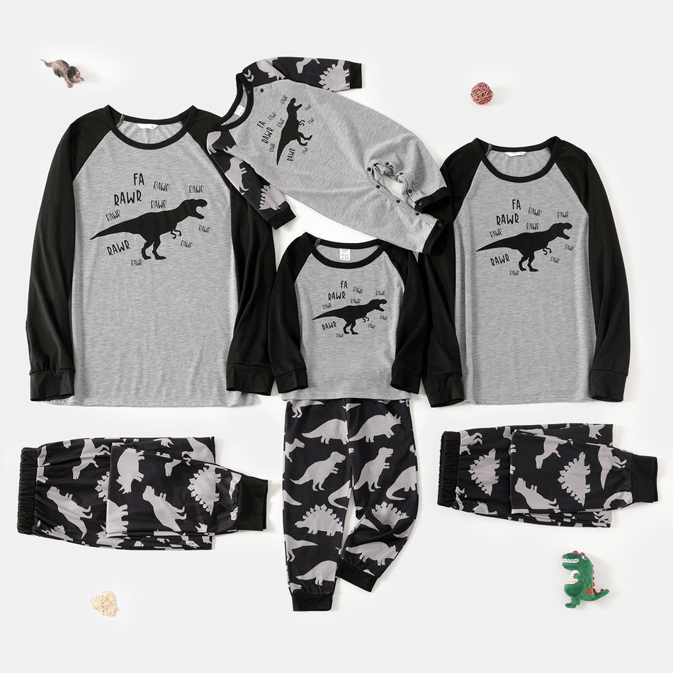 Dinosaur and Letter Print Grey Family Matching Raglan Long-sleeve Pajamas Sets (Flame Resistant) MiddleAsh big image 1