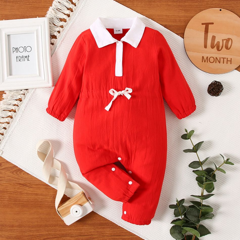 Baby Boy/Girl Solid Long-sleeve Lapel Snap-up Jumpsuit Red