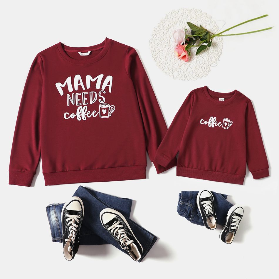 Letter Print Dark Red Long-sleeve Sweatshirts for Mom and Me darkred