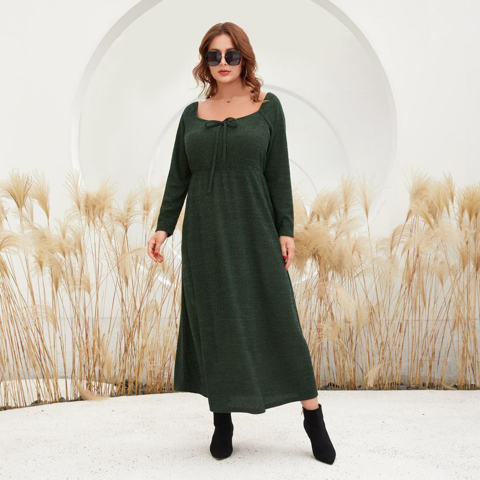 Women Plus Size Elegant Sweetheart Collar Bowknot Design Long-sleeve Dress Army green big image 5