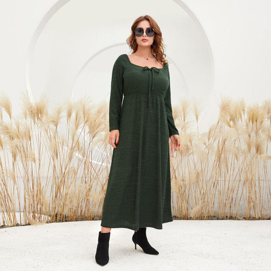 Women Plus Size Elegant Sweetheart Collar Bowknot Design Long-sleeve Dress Army green big image 2