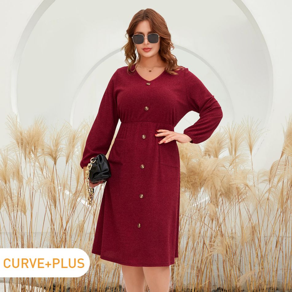 Women Plus Size Elegant V Neck Button Pocket Design Long-sleeve Dress Red