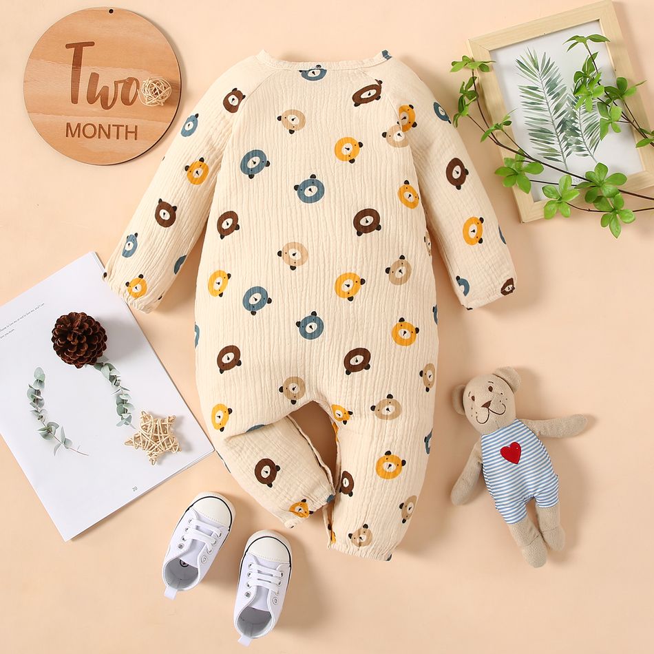 100% Cotton Crepe Baby Boy/Girl All Over Cartoon Bear Print Long-sleeve Jumpsuit Apricot big image 2