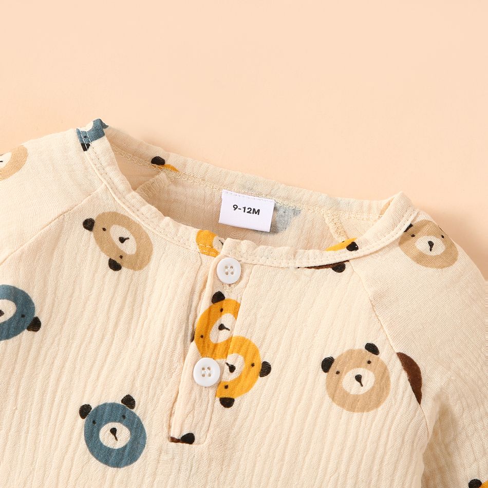 100% Cotton Crepe Baby Boy/Girl All Over Cartoon Bear Print Long-sleeve Jumpsuit Apricot big image 3