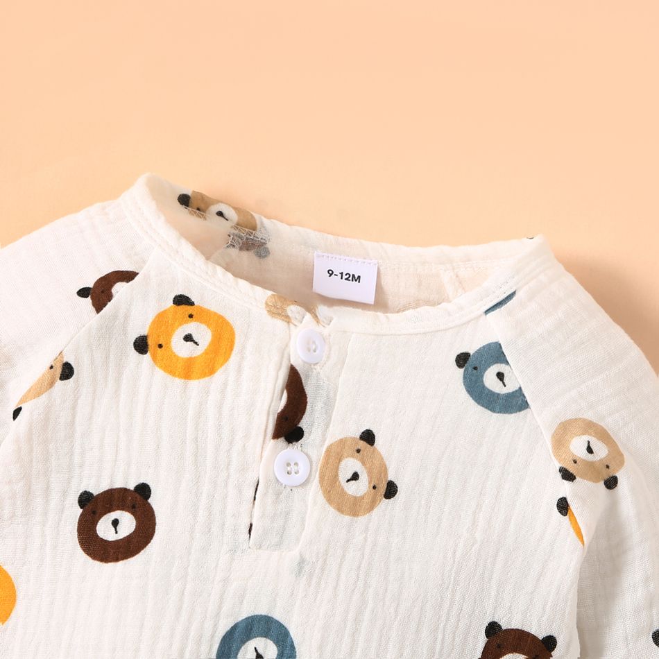 100% Cotton Crepe Baby Boy/Girl All Over Cartoon Bear Print Long-sleeve Jumpsuit White big image 4