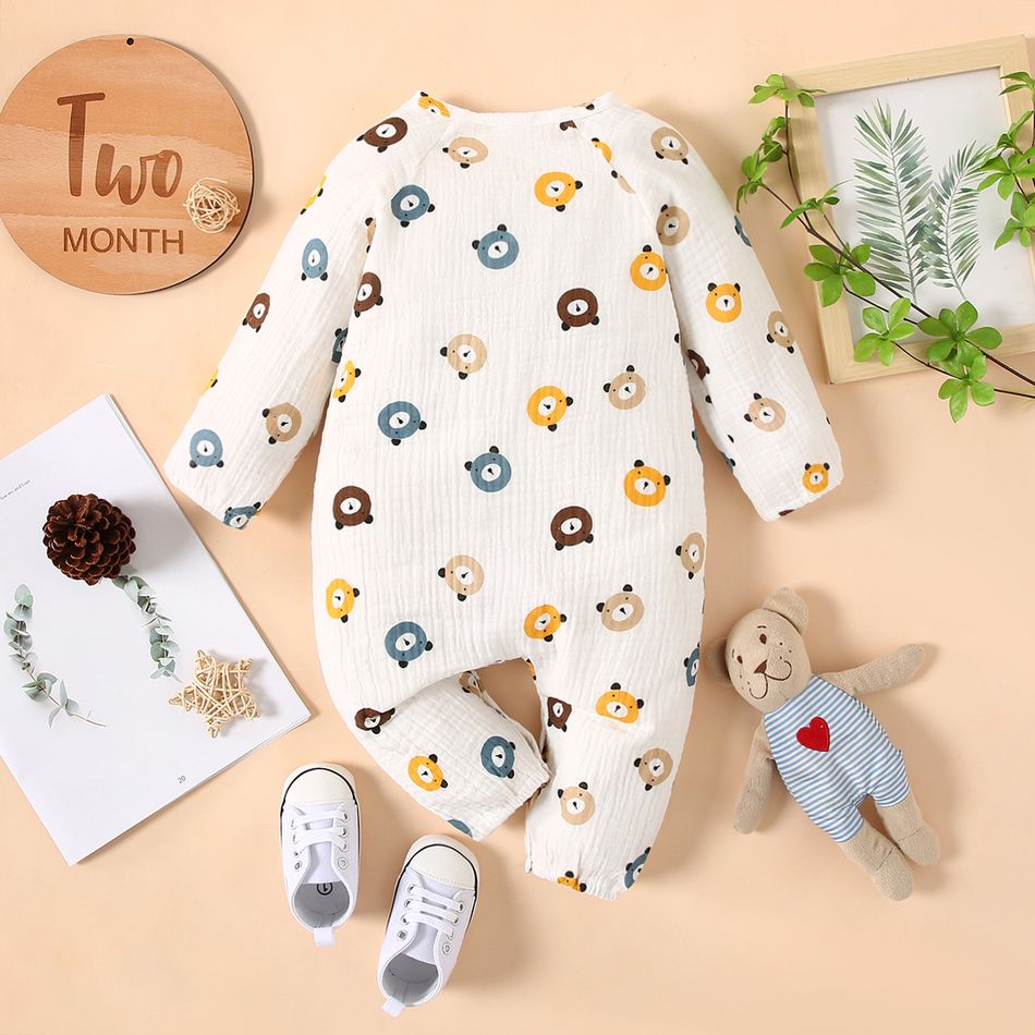 100% Cotton Crepe Baby Boy/Girl All Over Cartoon Bear Print Long-sleeve Jumpsuit White big image 3