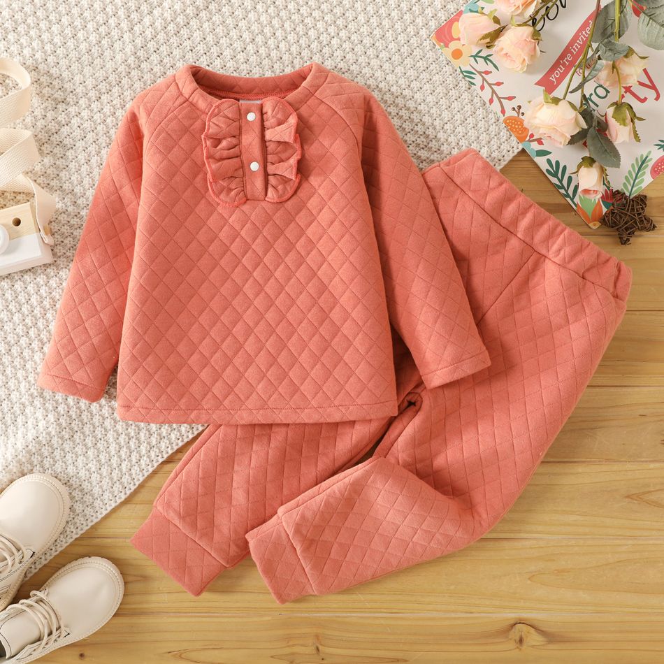 2-piece Toddler Girl Ruffled Argyle Textured Sweatshirt and Solid Color Pants Set Cameo brown