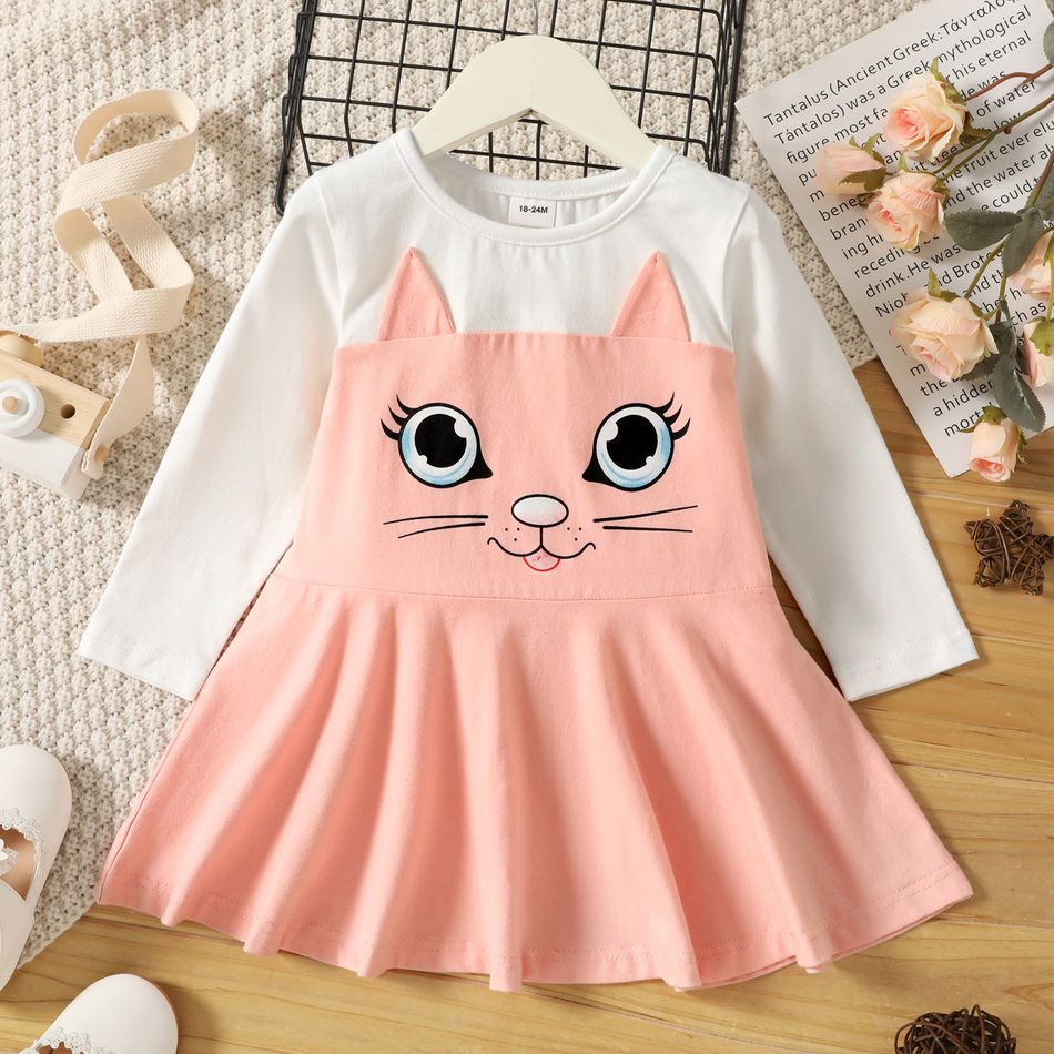Toddler Girl Animal Cat Print Ear Design Colorblock Long-sleeve Dress Pink