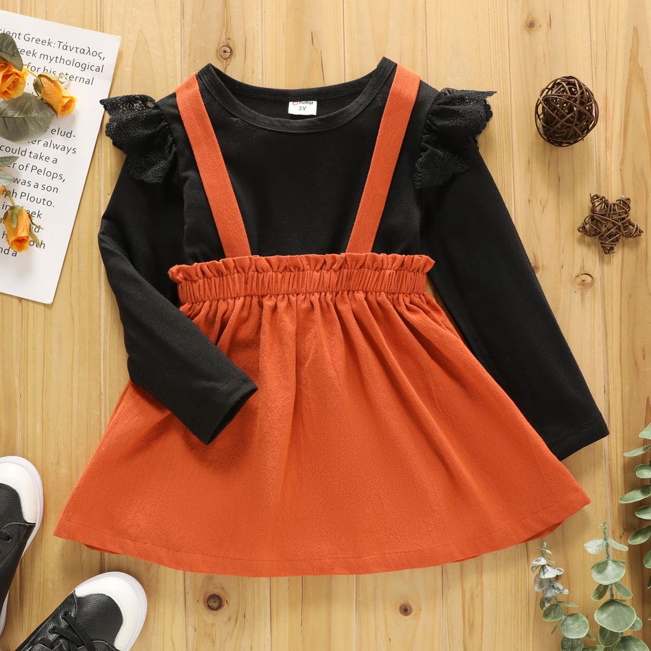 2-piece Toddler Girl Ruffled Long-sleeve Black Top and Orange Suspender Skirt Set Black