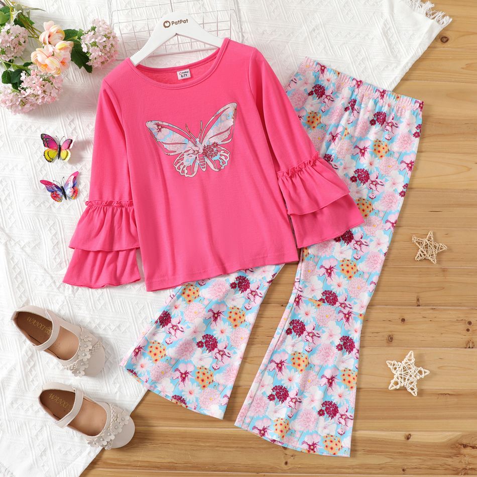 2-piece Kid Girl Butterfly Print Layered Long-sleeve Pink Top and Floral Print Flared Pants Set Pink