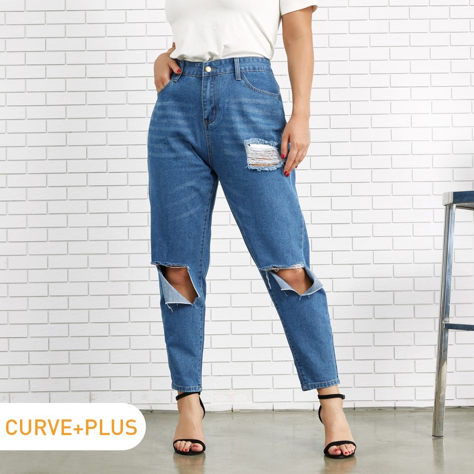 Women Plus Size Casual Cutout Ripped Denim Jeans Blue